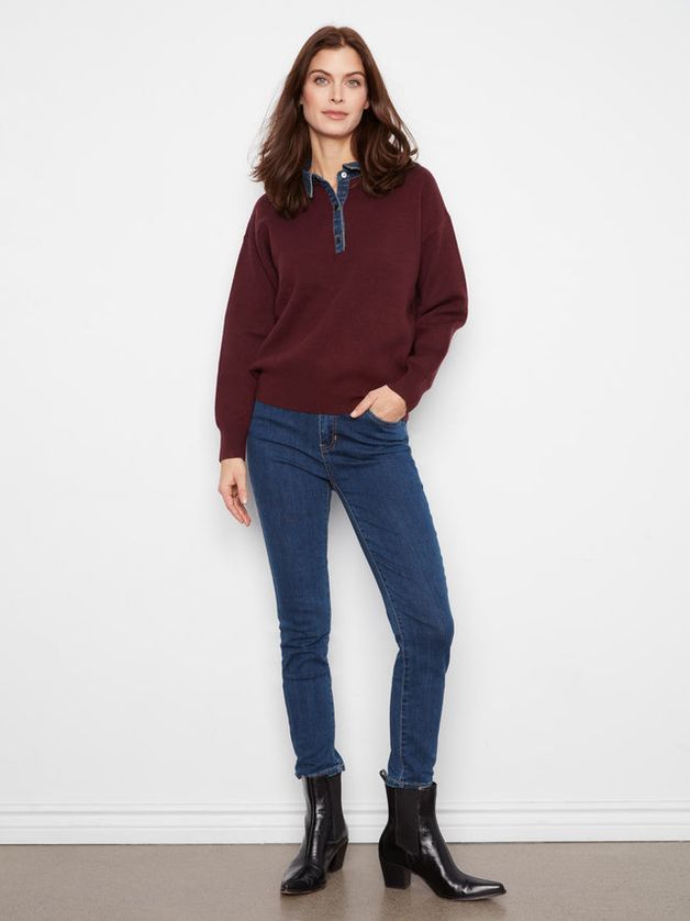Charlie B C2125-974A Women's Denim Trim Polo Sweater