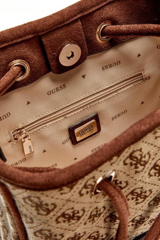 Guess JG231377 Women's SAMANTHA Mini Drawstring Bucket Bag – Latte Logo