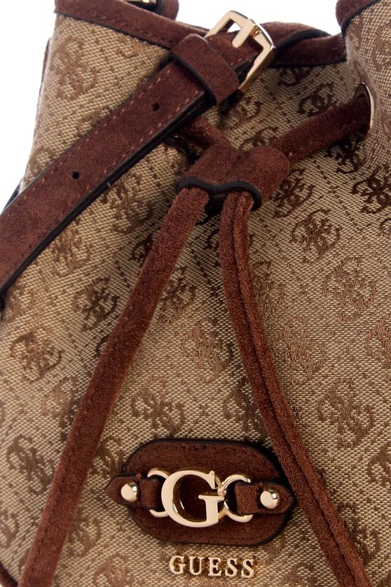 Guess JG231377 Women's SAMANTHA Mini Drawstring Bucket Bag – Latte Logo