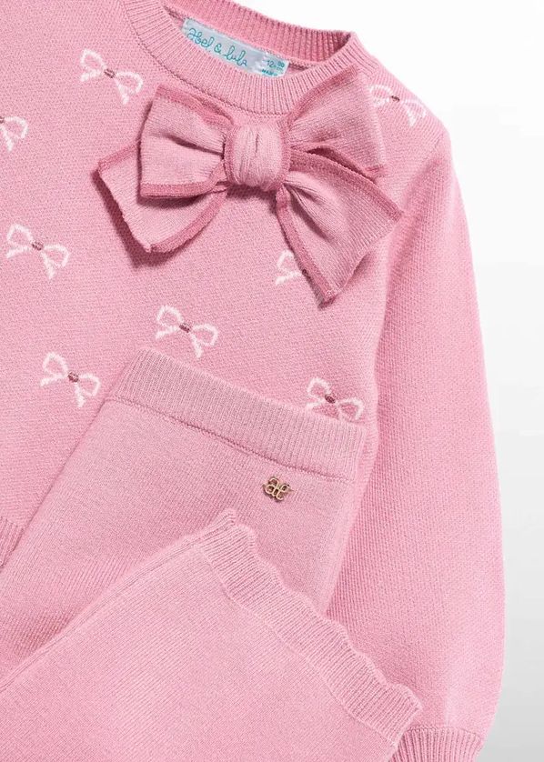 Abel & Lula 5739 Baby Girl's Long Sleeve Bow Detail Knit Sweater & Pants Set 2PC