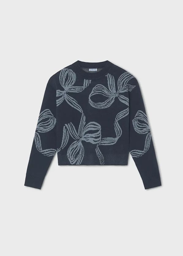 Mayoral 7337 Girl's Youth Long Sleeve Bow Print Crew Neck Sweater