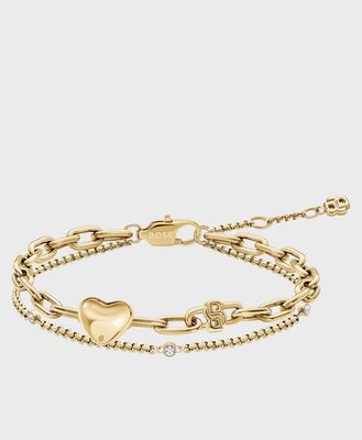 BOSS 1580884 Women's AMARA Gold S.Steel White CZ & Heart Charm Double Layer Bracelet