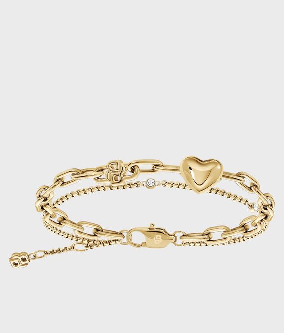 BOSS 1580884 Women's AMARA Gold S.Steel White CZ & Heart Charm Double Layer Bracelet