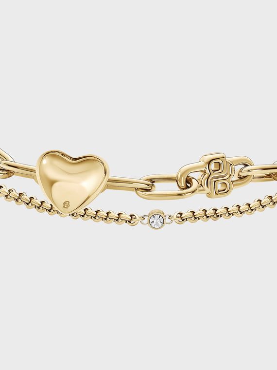 BOSS 1580884 Women's AMARA Gold S.Steel White CZ & Heart Charm Double Layer Bracelet