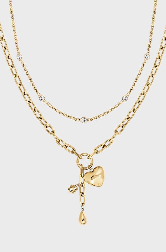 BOSS 1580883 Women's AMARA Gold S.Steel White CZ & Heart Charm Double Layer Necklace