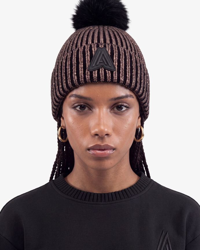 Alpenhaus A2K002F6PO Women's RIVOIRE Rib Knit Foil Beanie w/ Faux Fur Pompom