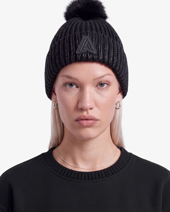Alpenhaus A2K002F6PO Women's RIVOIRE Rib Knit Foil Beanie w/ Faux Fur Pompom