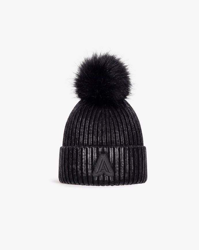 Alpenhaus A2K002F6PO Women's RIVOIRE Rib Knit Foil Beanie w/ Faux Fur Pompom