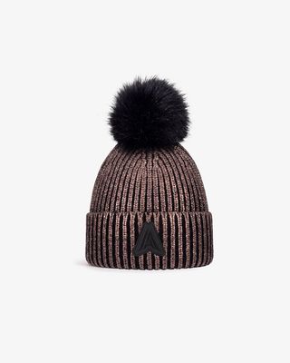 Alpenhaus A2K002F6PO Women's RIVOIRE Rib Knit Foil Beanie w/ Faux Fur Pompom