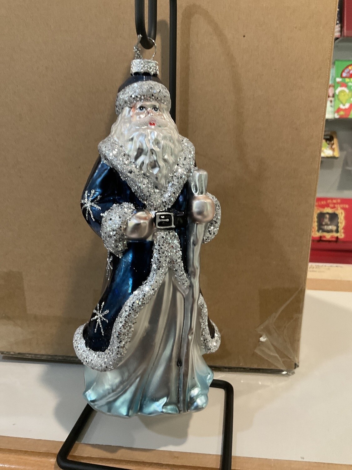 Blue Santa w/silver trim ornament