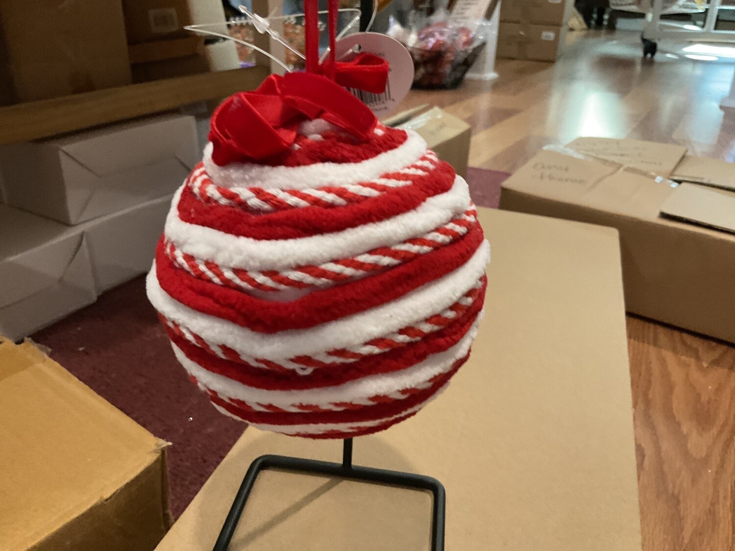 Chenille ball ornament, red and white