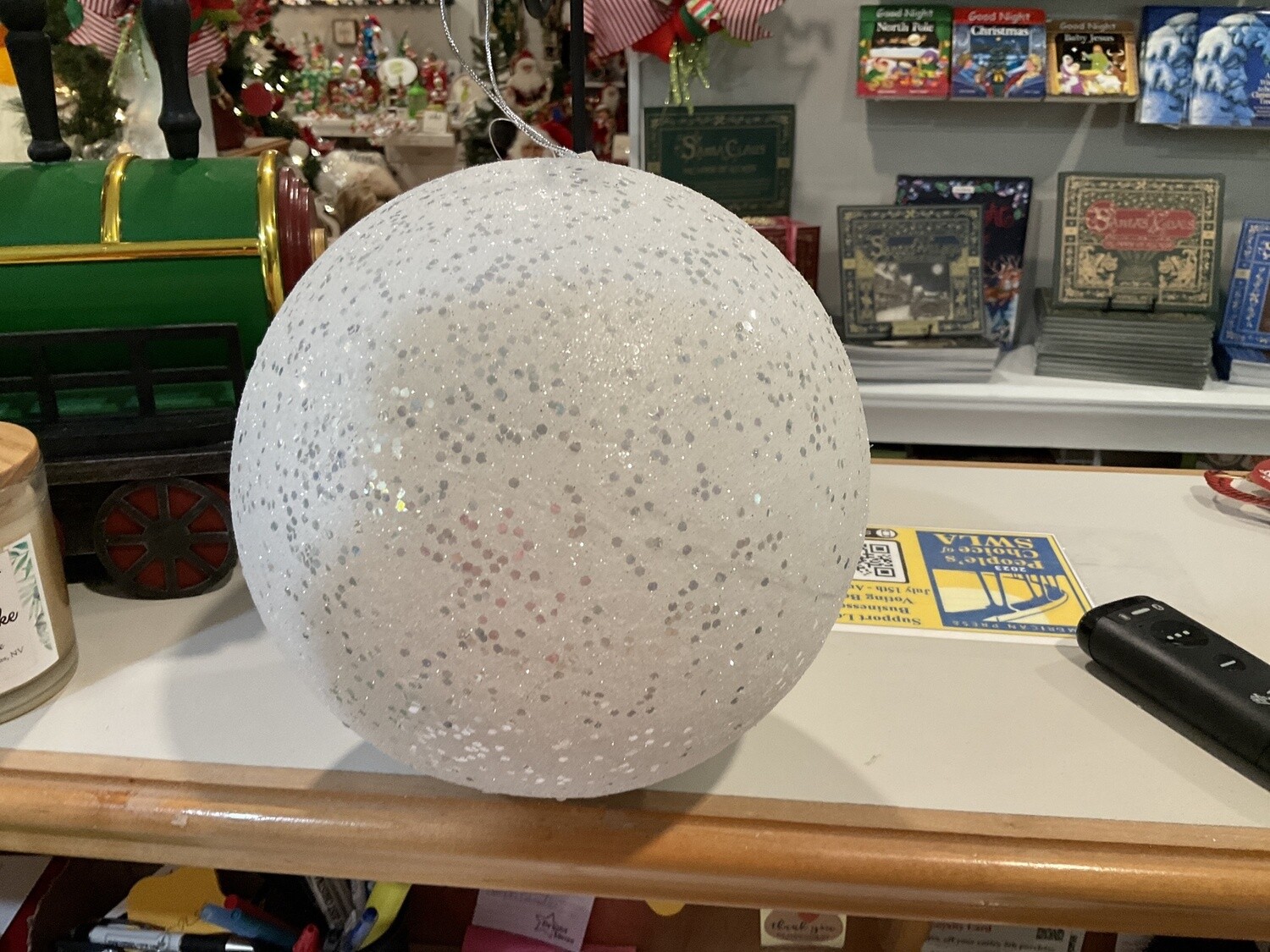 8 inch glitter, white ball ornament