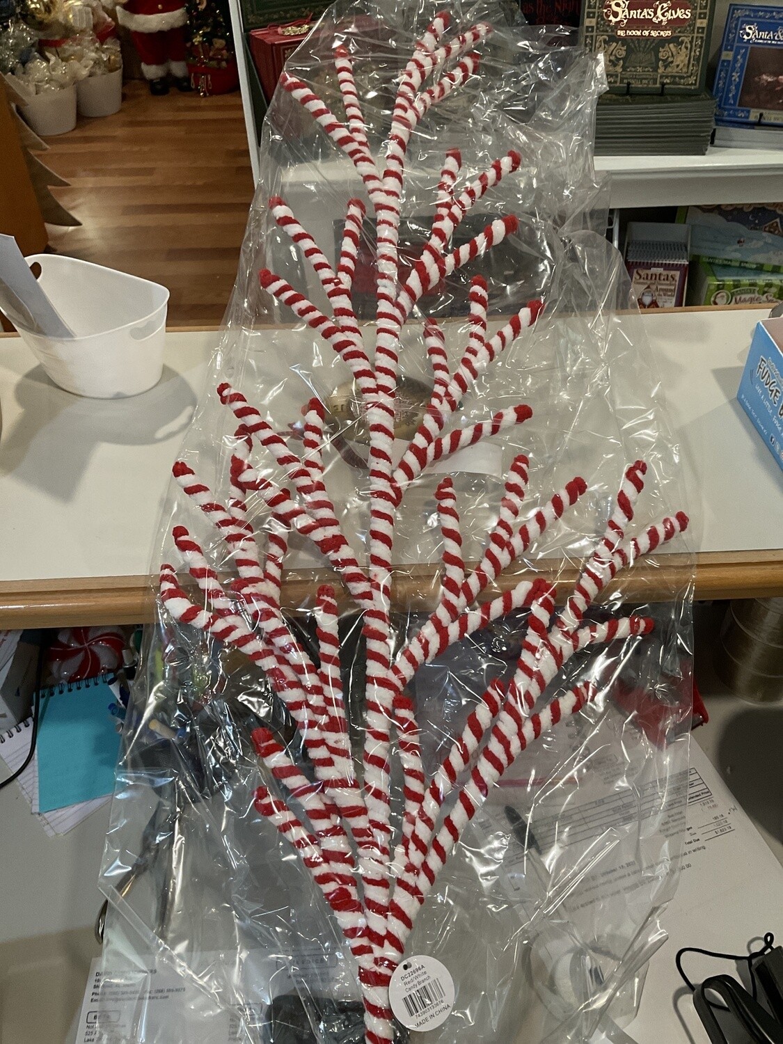 Chenille stripe, Manzanita branch, red, and white