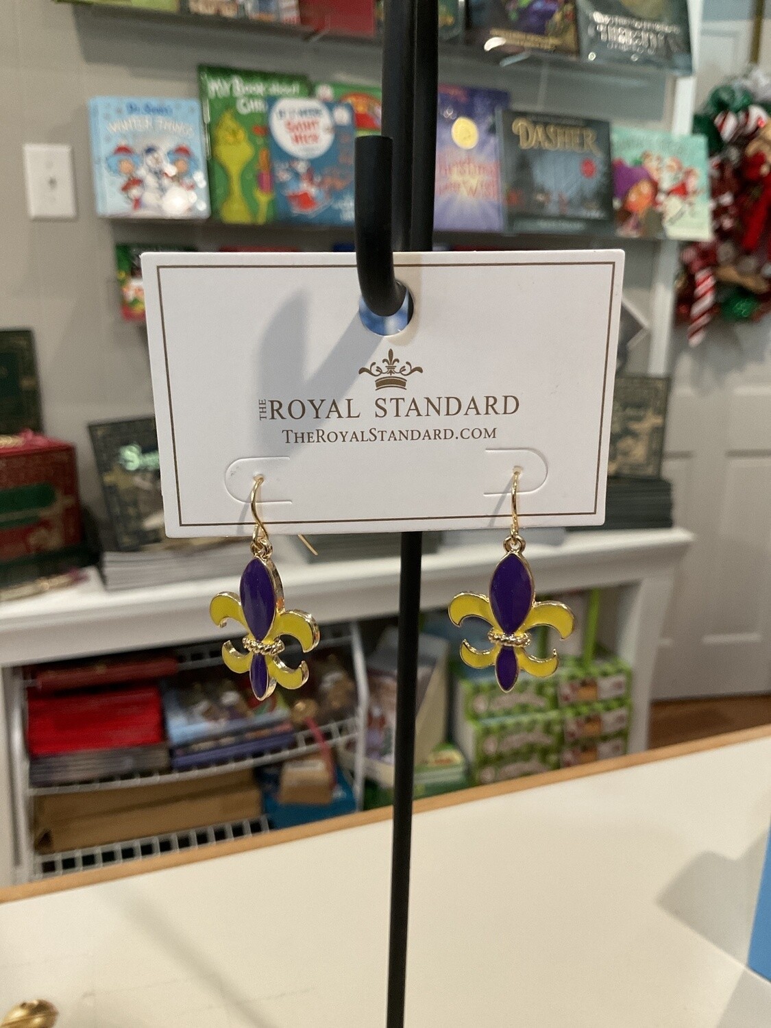 Flur de Lis earrings, purple and gold