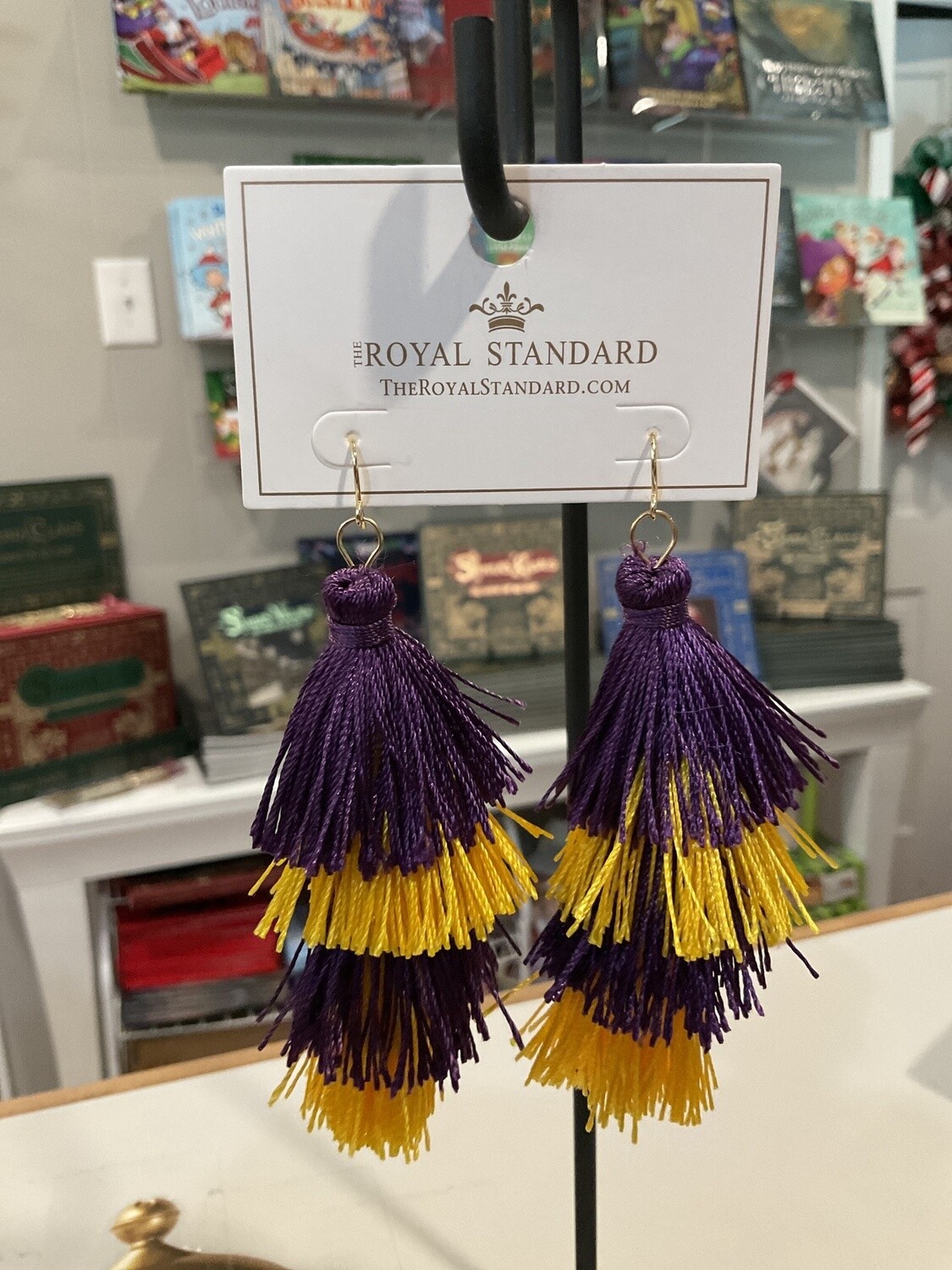 Purple and gold spirit tassel earrings