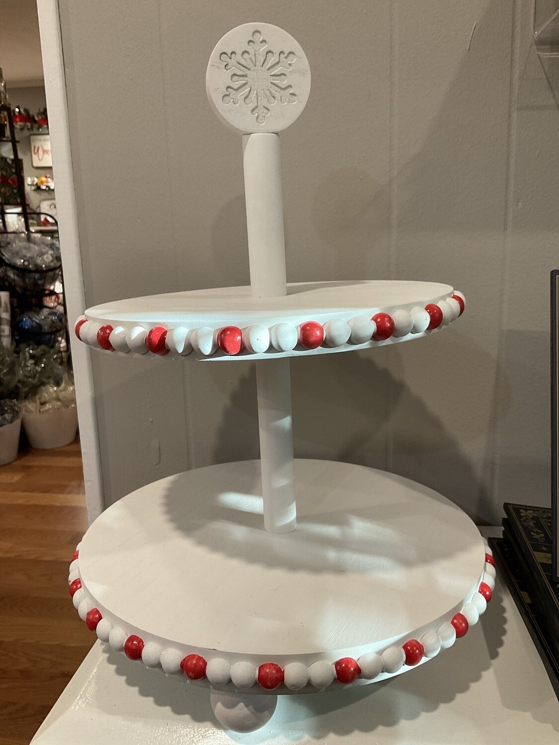 Wood traditional Christmas two-tier, serving tray with blessing bead trim