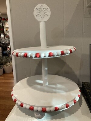 Wood traditional Christmas two-tier, serving tray with blessing bead trim