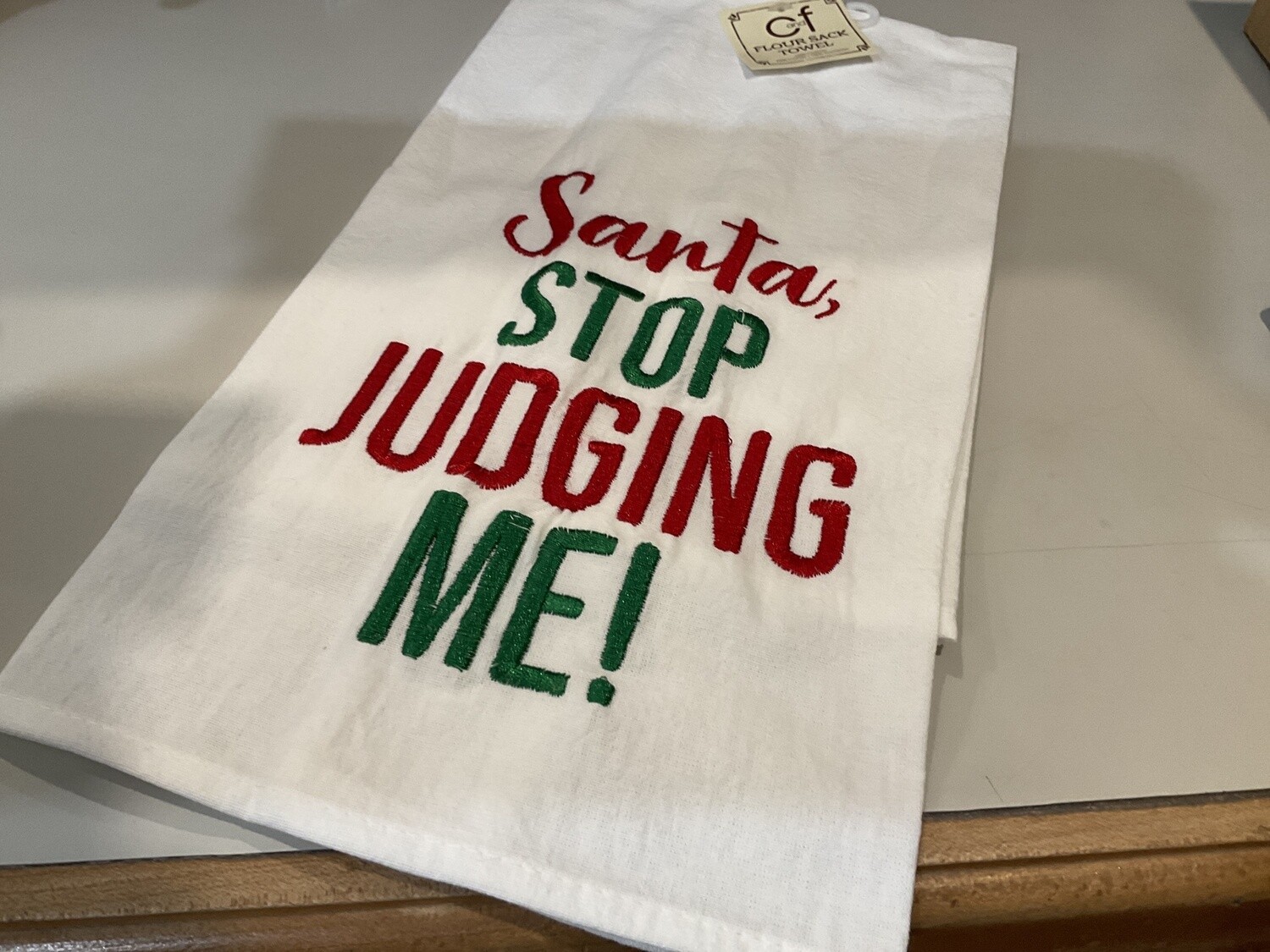 Santa stop judging me tea towel