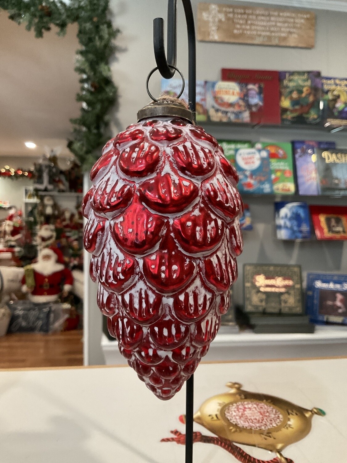 Red and white pinecone hanging ornament