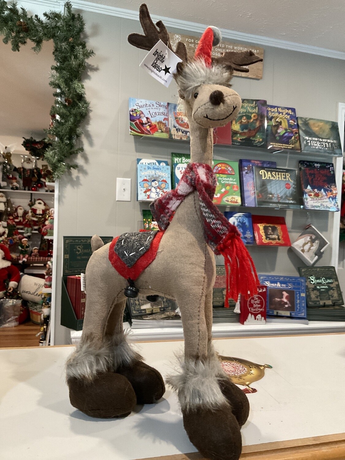 Standing, plush, long neck reindeer