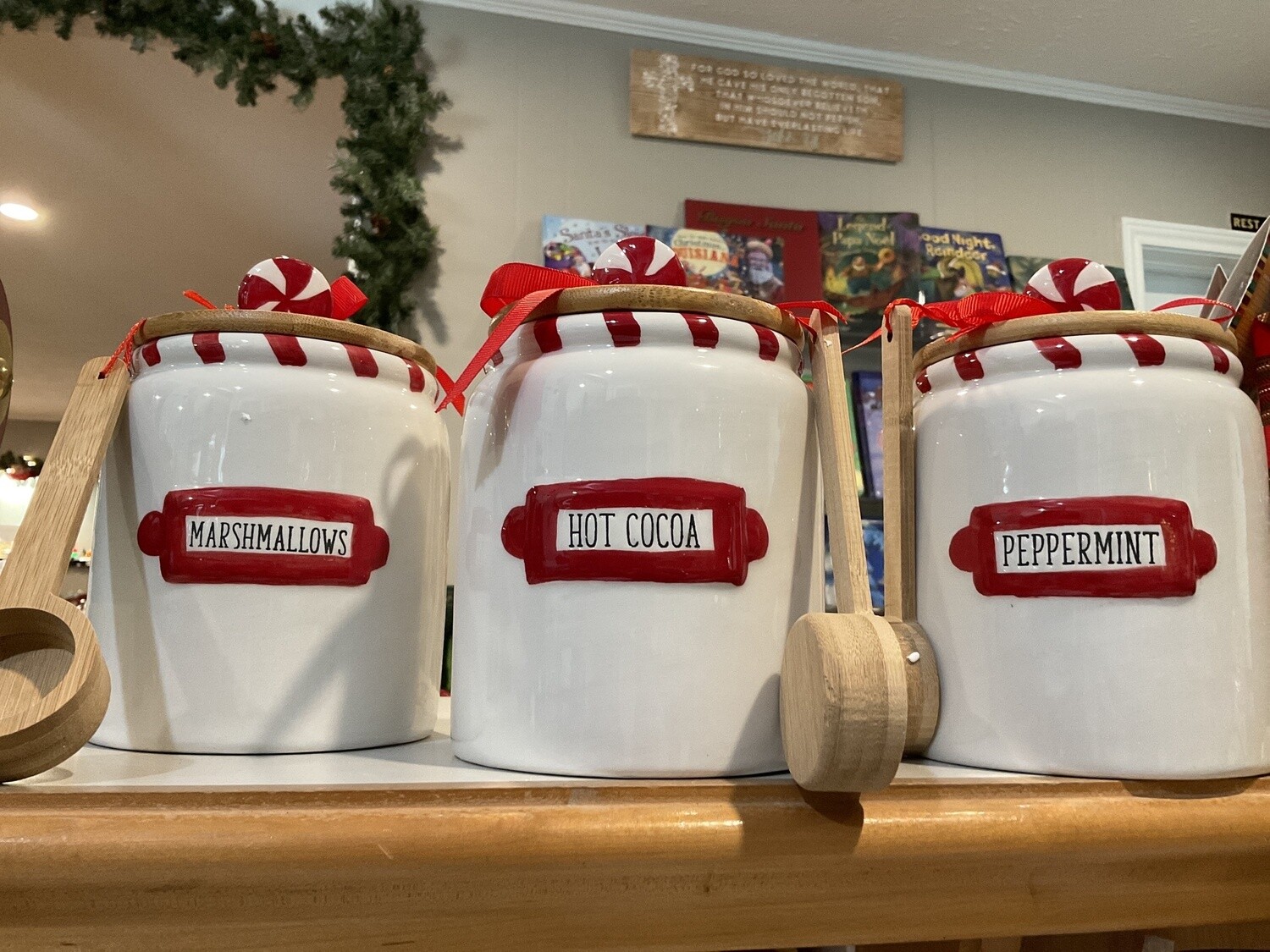 Ceramic hot cocoa bar canister set with wooden scoops, three-piece set