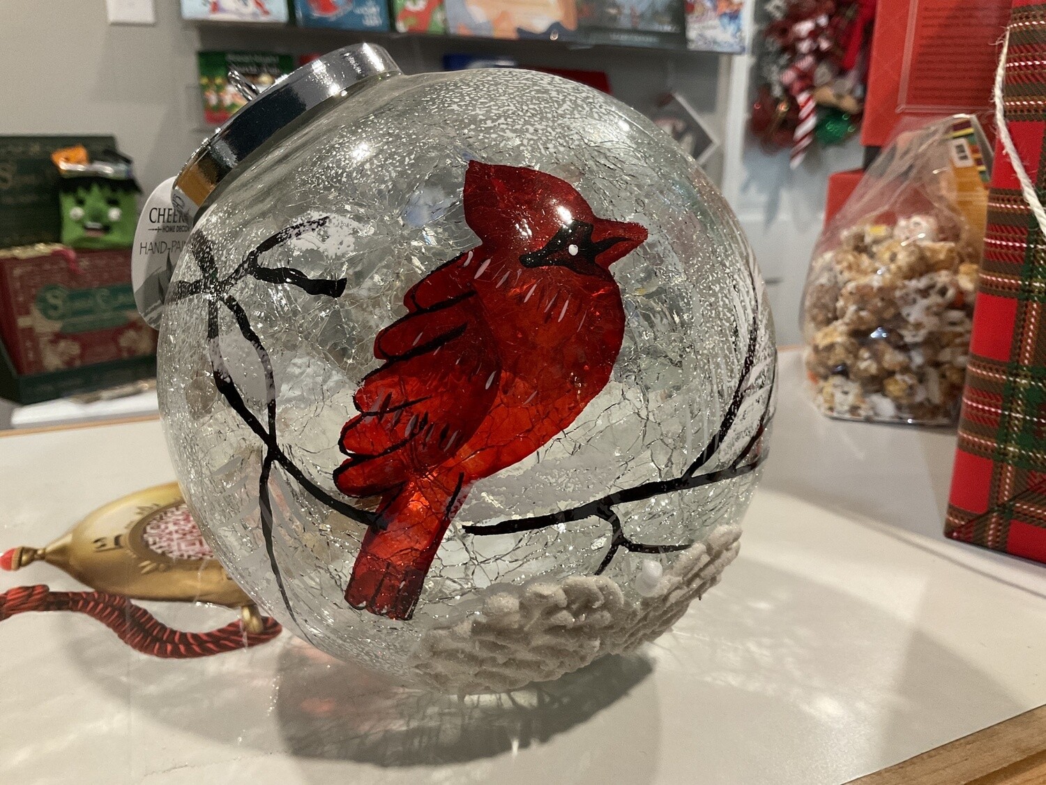 Snowy cardinal, light up ball ornament