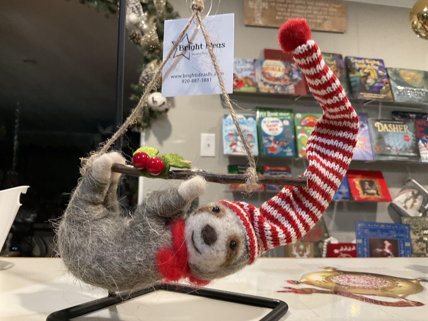 Felted sloth with branch ornament