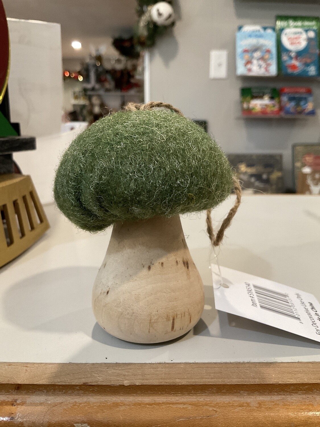 Felted wooden mushroom ornament