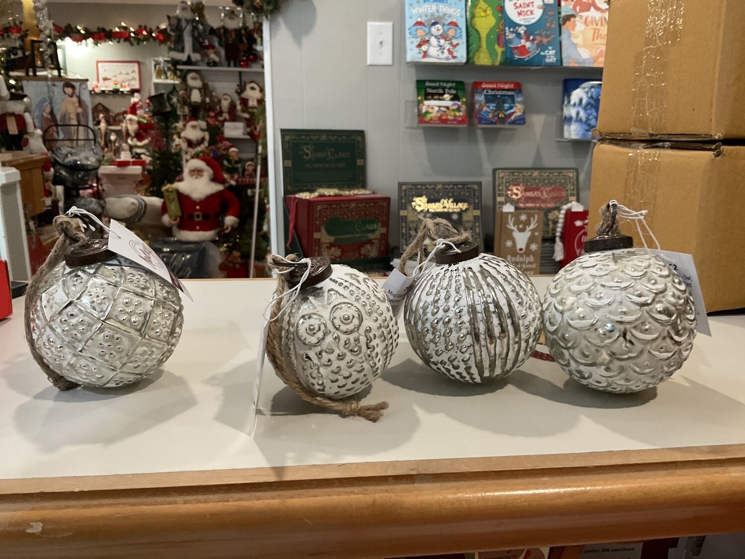 Mini glass, ornaments, owl, pinecone, Stripes, speckled