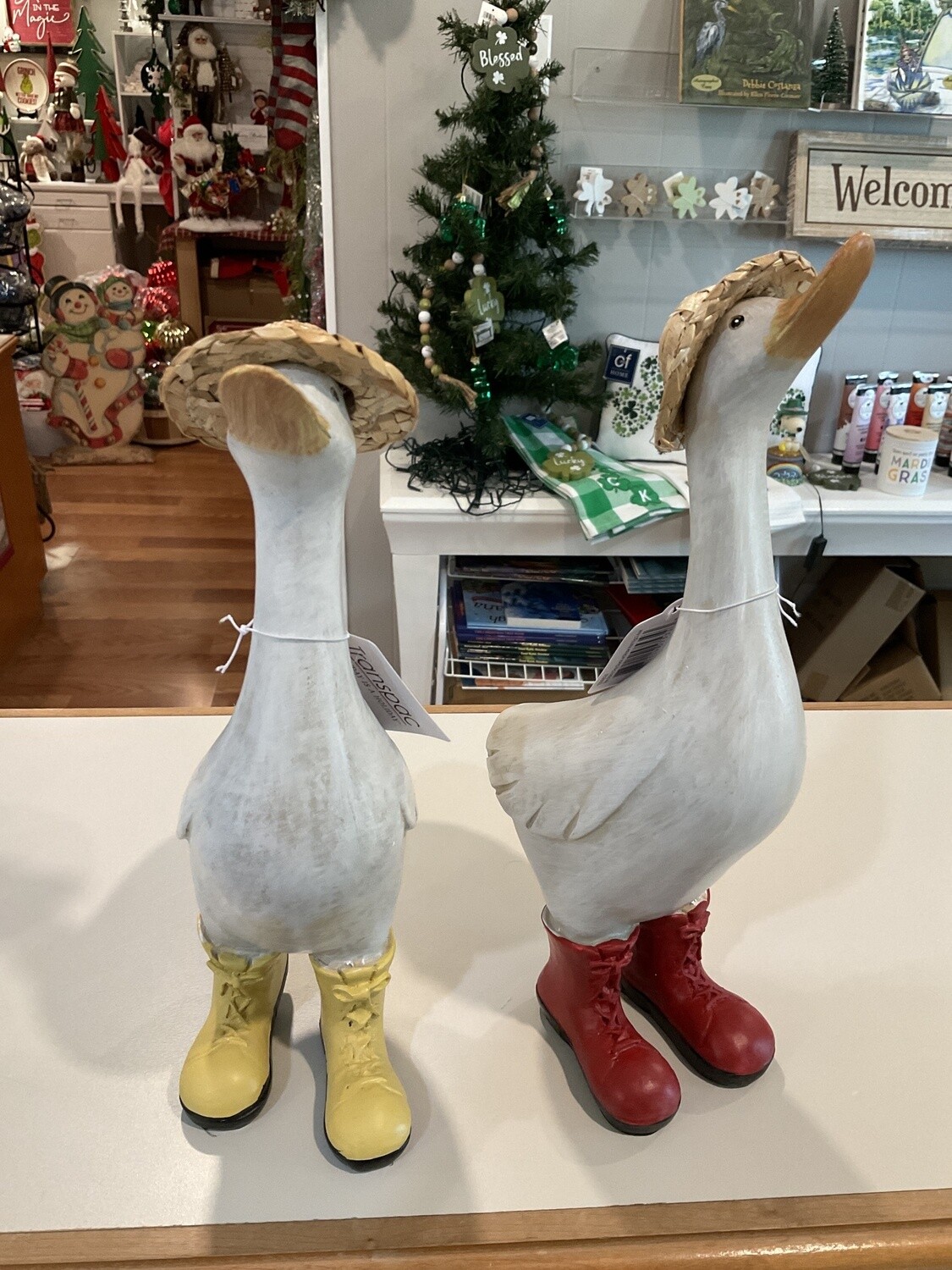 Rainy day, duck with straw hat