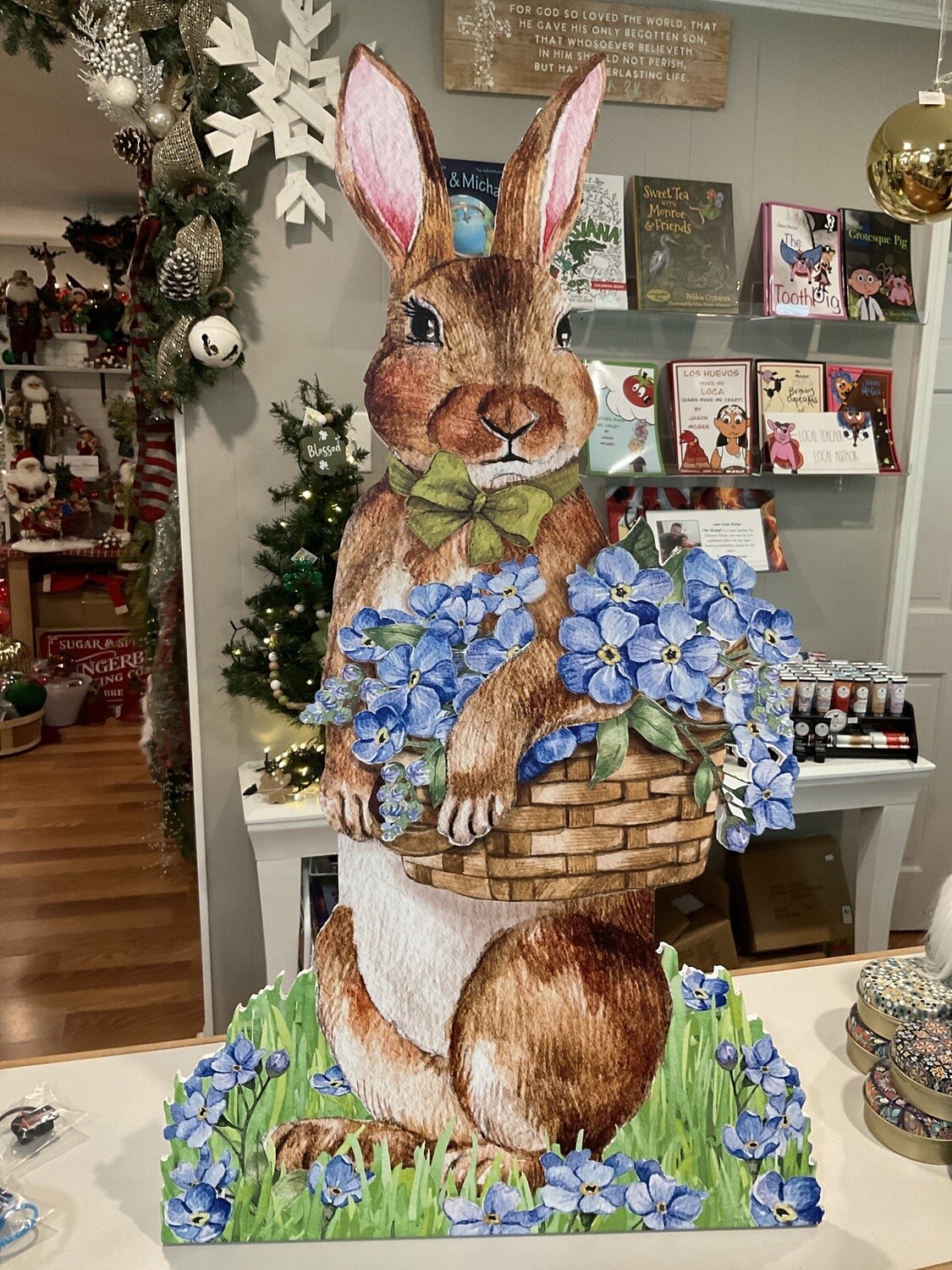 Bunny with flowers, wood cut out