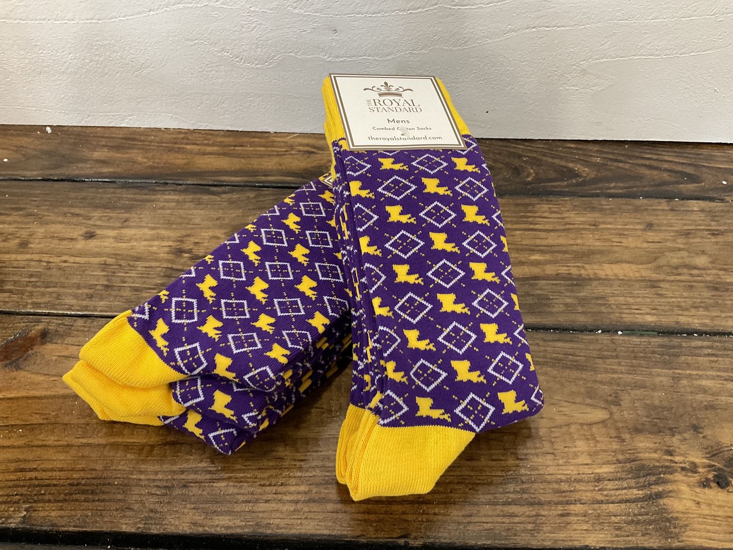 Purple and gold Louisiana pride socks