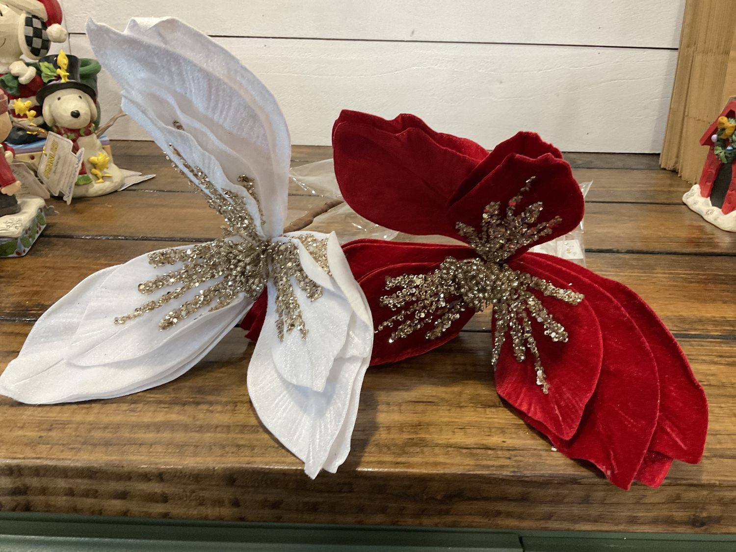 Velvety poinsettia pick with gold glitz