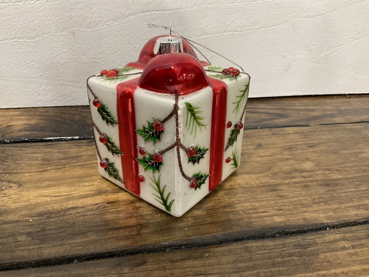 Glass Holly present ornament