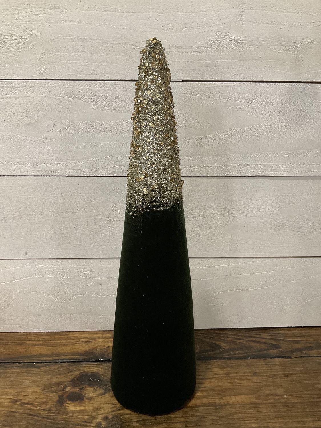 Velvet green Christmas cone trees with gold glitter