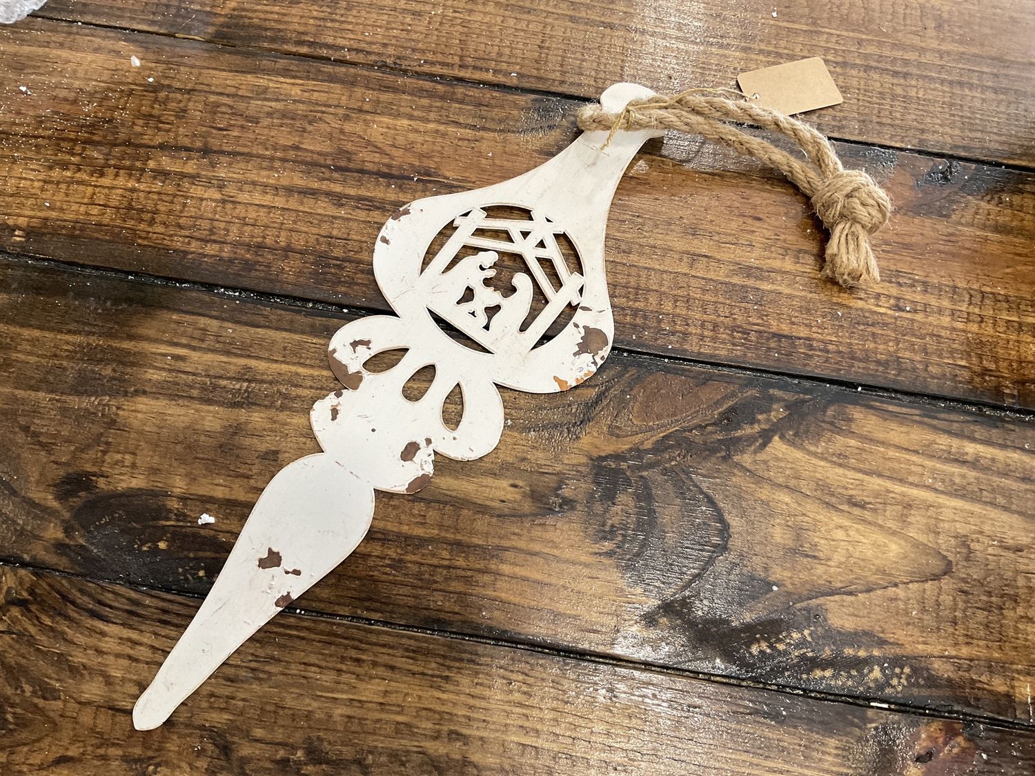 Distressed metal nativity, silhouette ornament