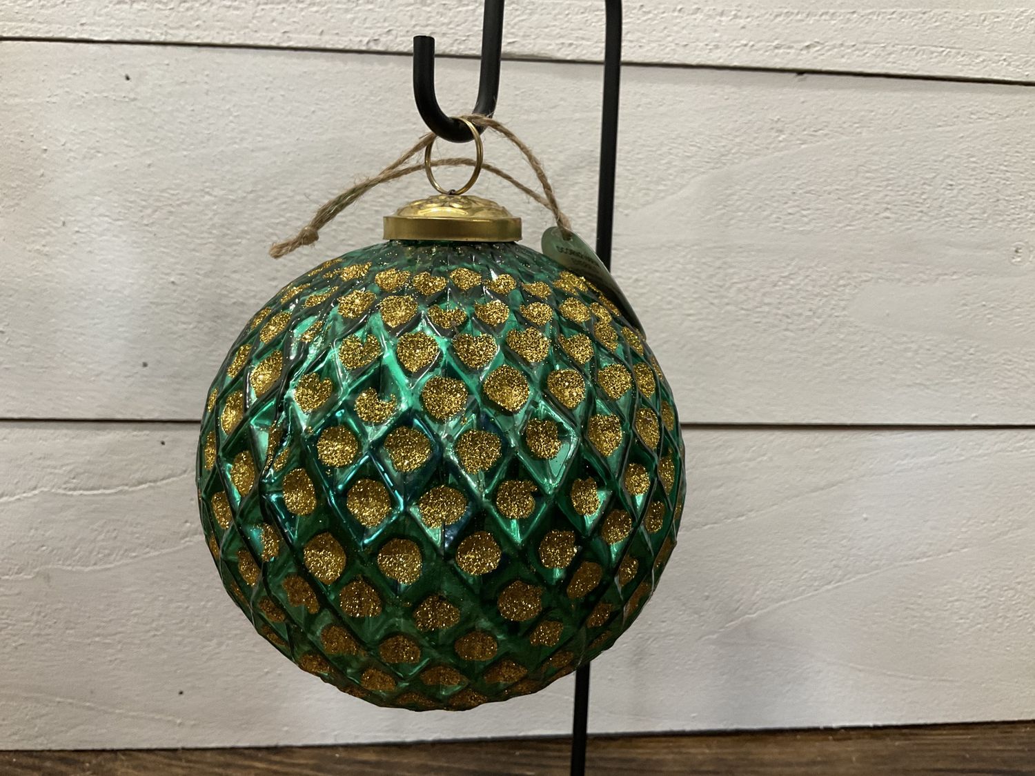 Mercury glass ball with glitter emerald green
