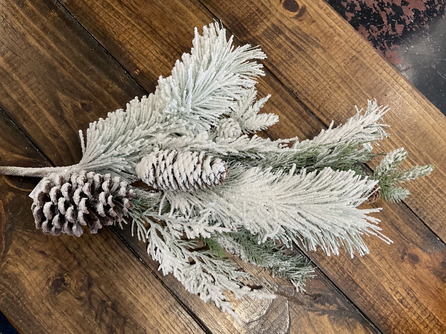 Holiday flocked pine and pinecone pick