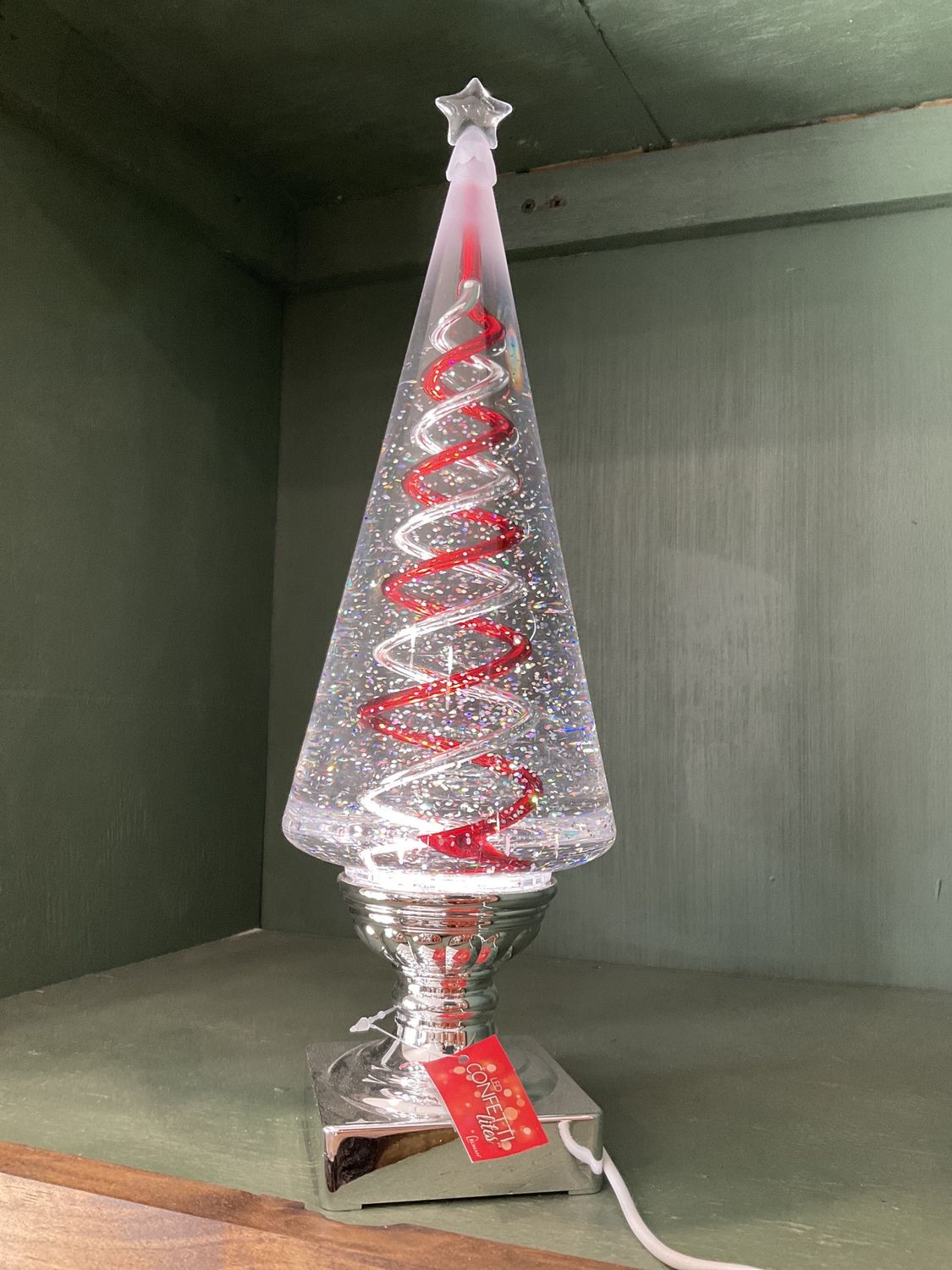 Lighted swirl red spiral tree with silver base