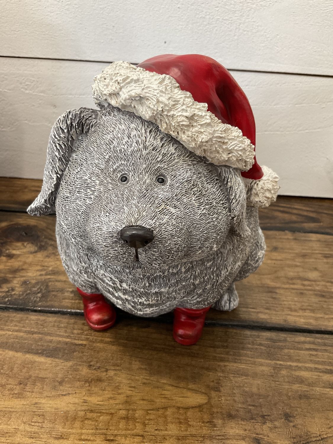 7.5” Pudgy puppy with Santa hat and boots
