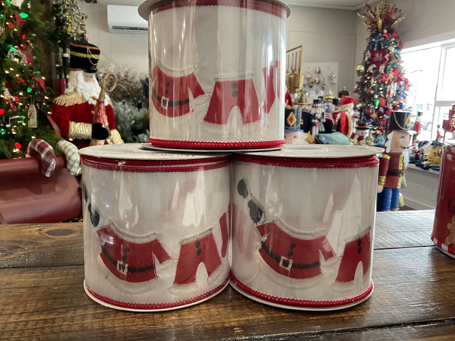 Santa suit, laundry, and bordered ribbon 4“ x 10 yards