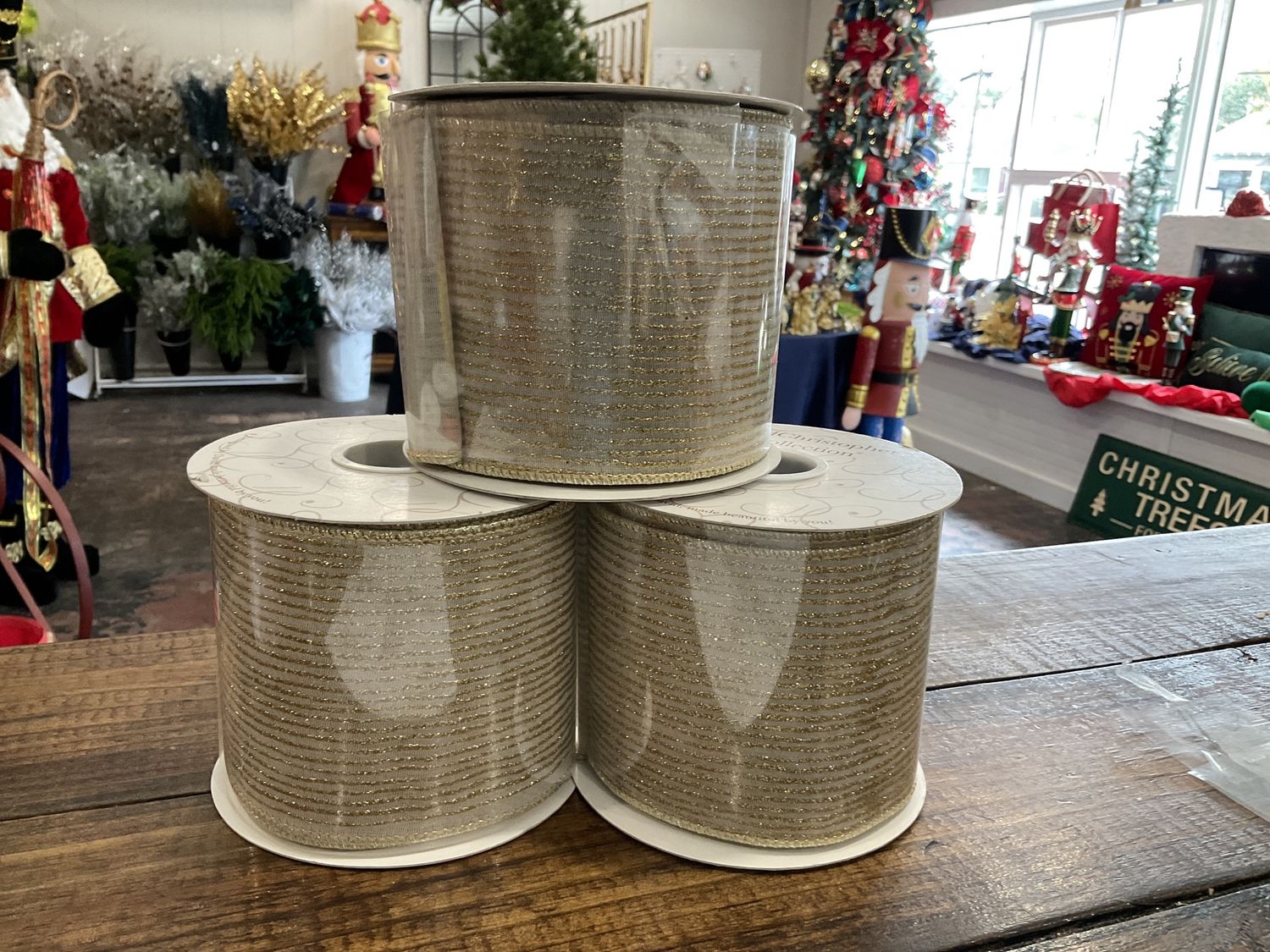 White sheer base, gold, glitter ribbon 4“ x 10 yards