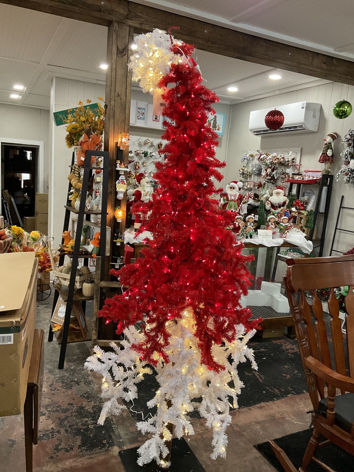 7 foot Santa hat tree with warm LED and red LED lights