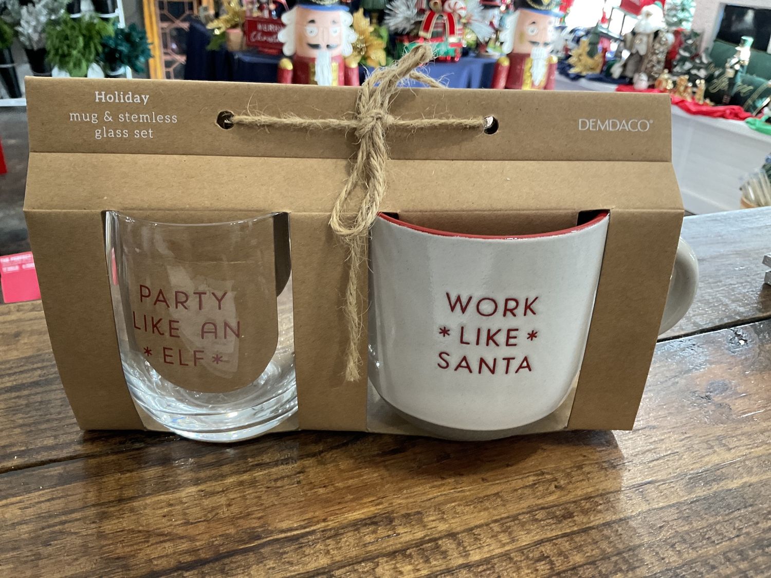Christmas Eve/morning mug and glass set Santa an elf
