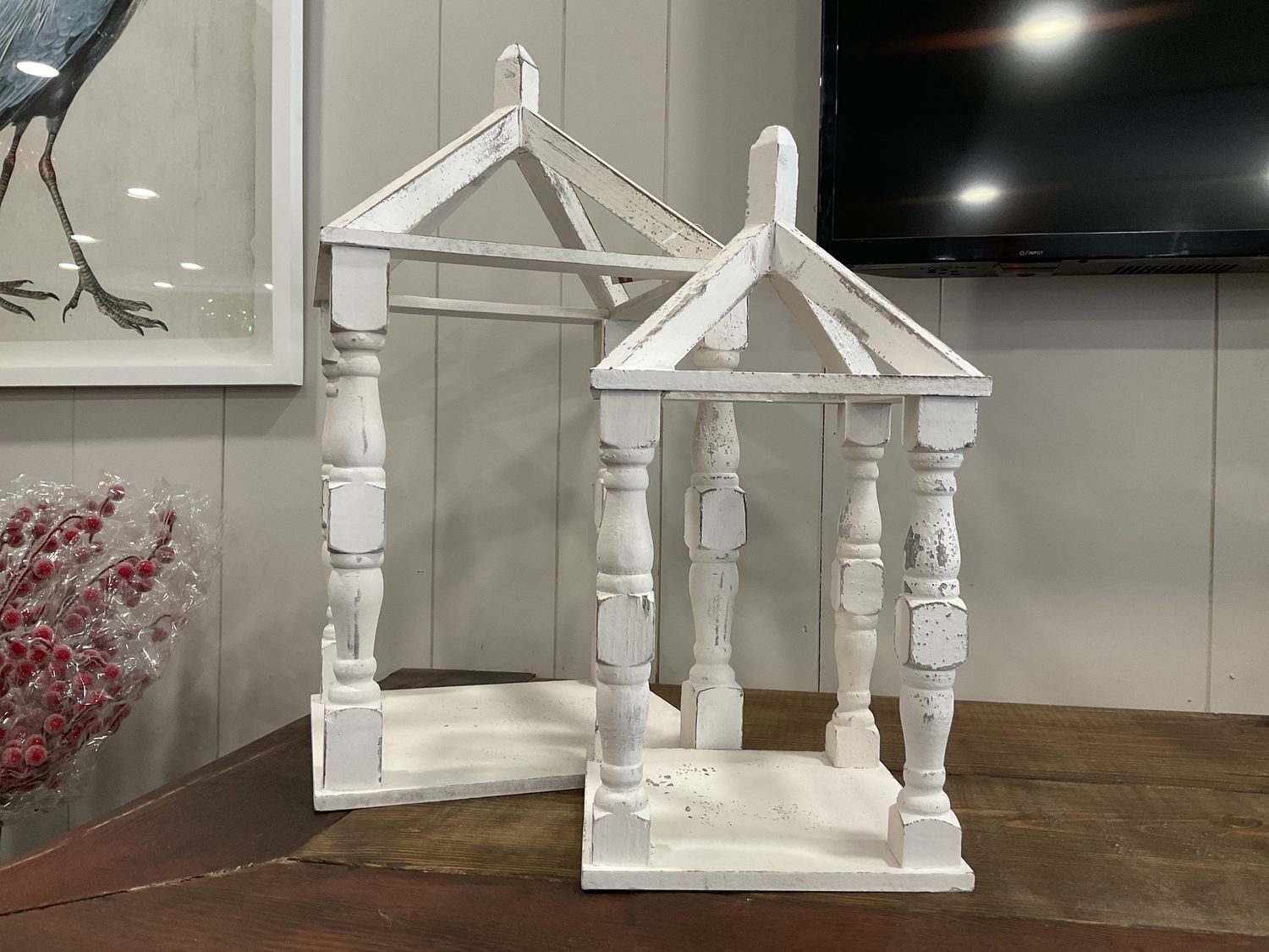 White distressed wood open lanterns 2 piece set