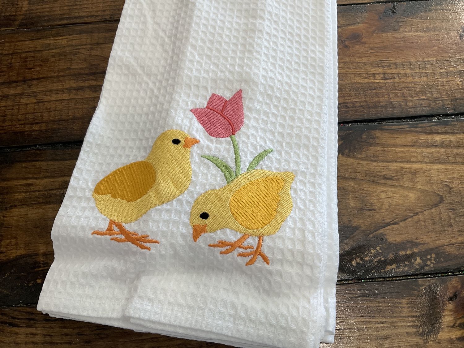 Chicks and tulip tea towel