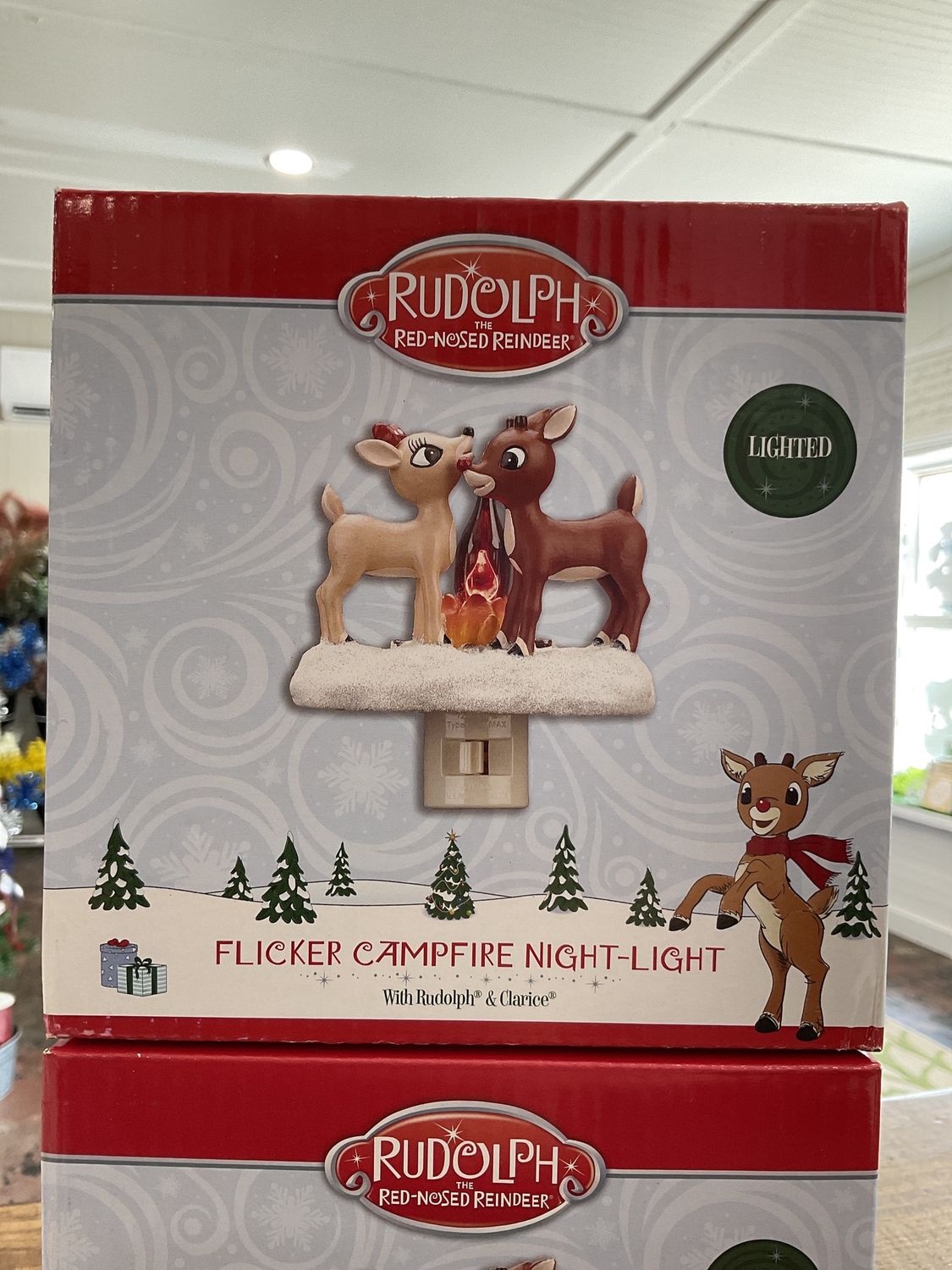 Rudolph and Clarice, flickering campfire night light