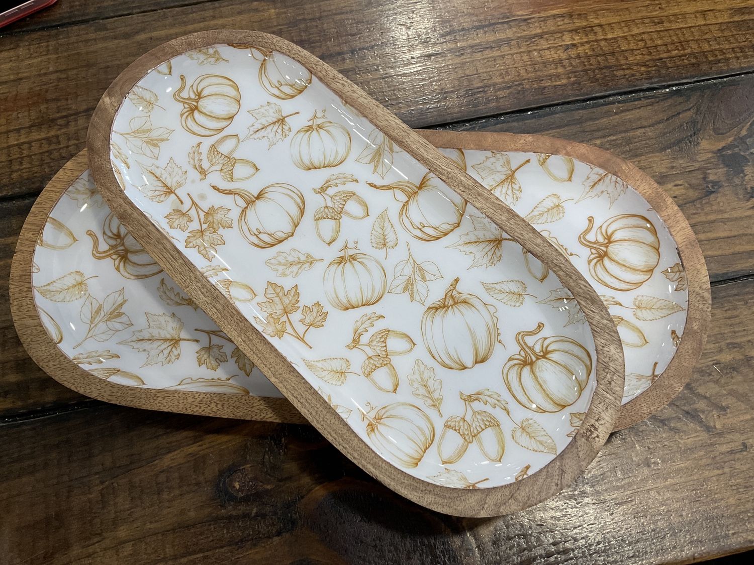 Set up two fall Harmony enamel oval trays