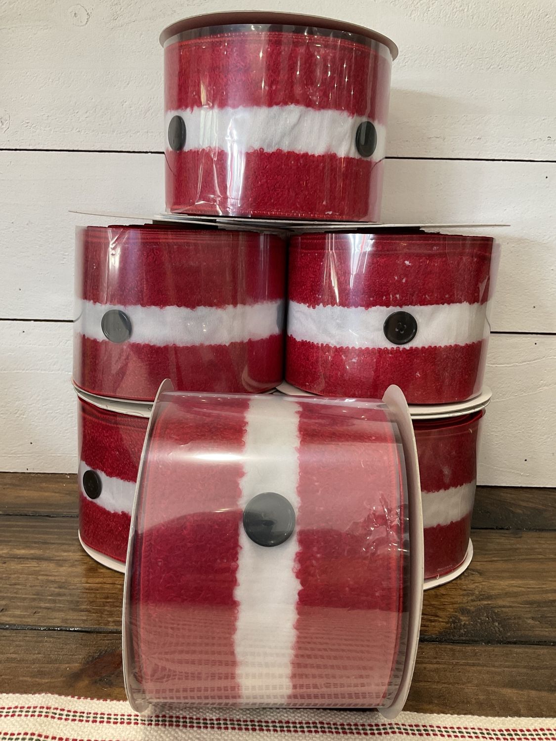 Red fuzzy white center button ribbon