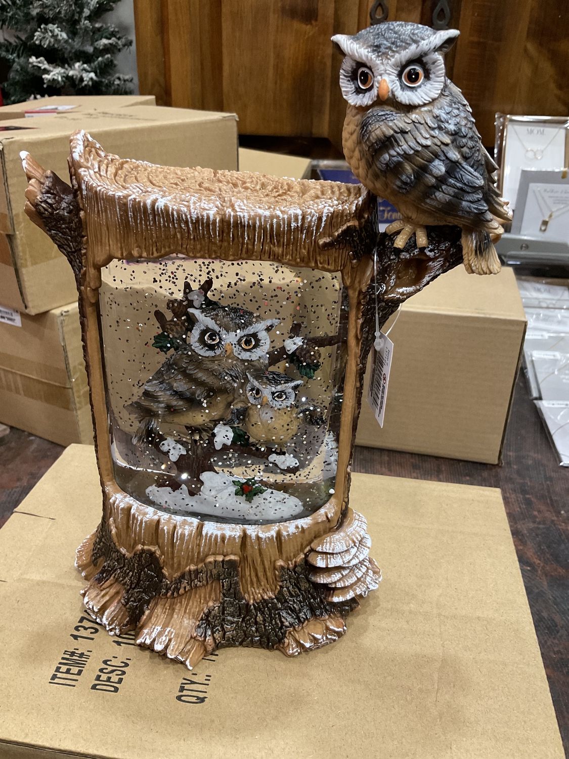 10”H Lighted Swirl Log, Owl Scene